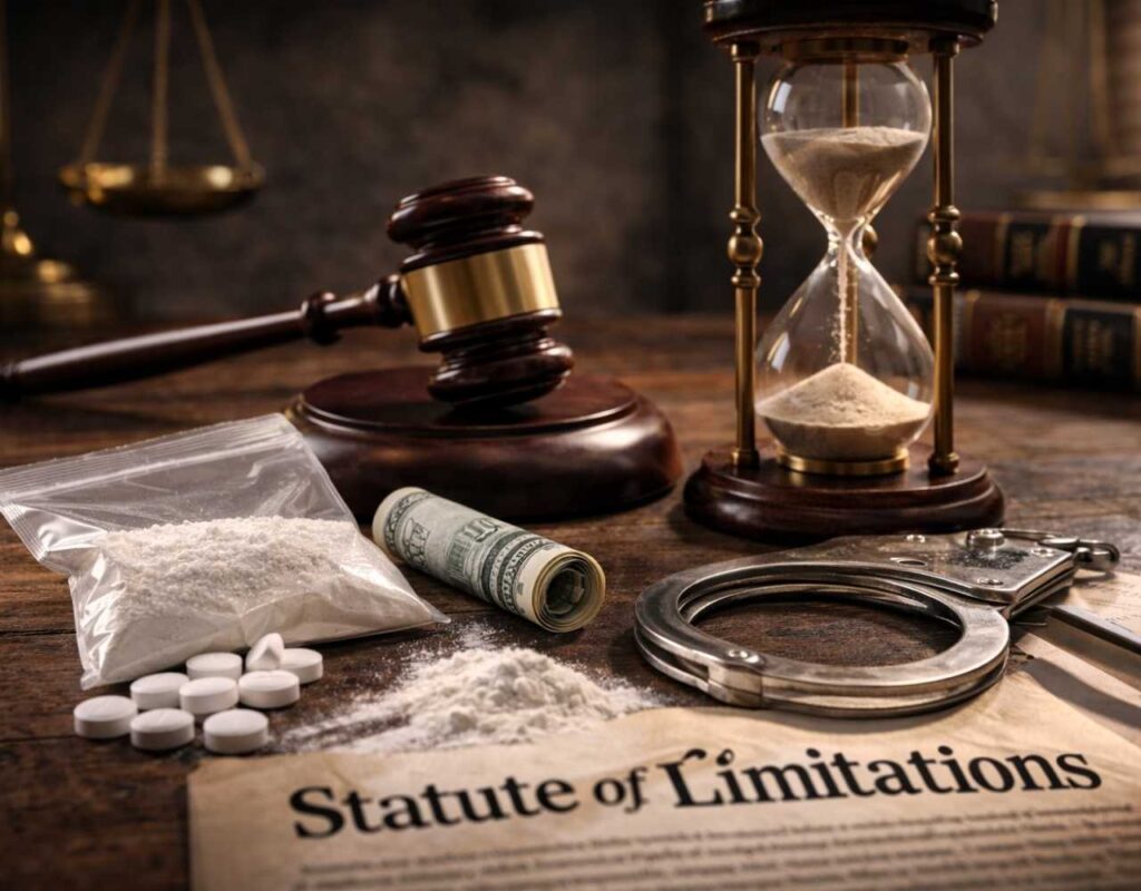 Hourglass and judge’s gavel on a wooden desk beside handcuffs, cash, and drug evidence, with a document titled “Statute of Limitations” in the foreground.