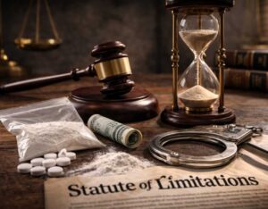 Hourglass and judge’s gavel on a wooden desk beside handcuffs, cash, and drug evidence, with a document titled “Statute of Limitations” in the foreground.