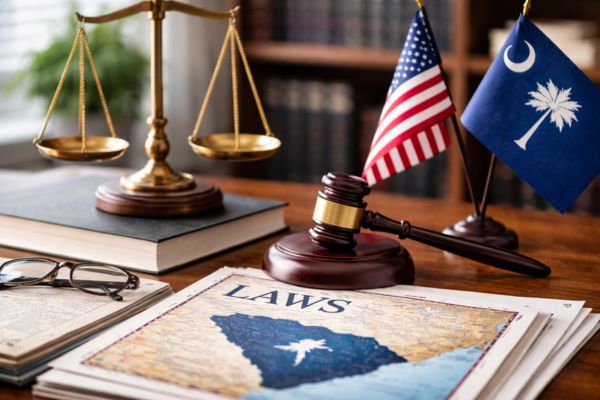 Gavel and scales of justice on a desk beside the U.S. and South Carolina flags, with a state map.