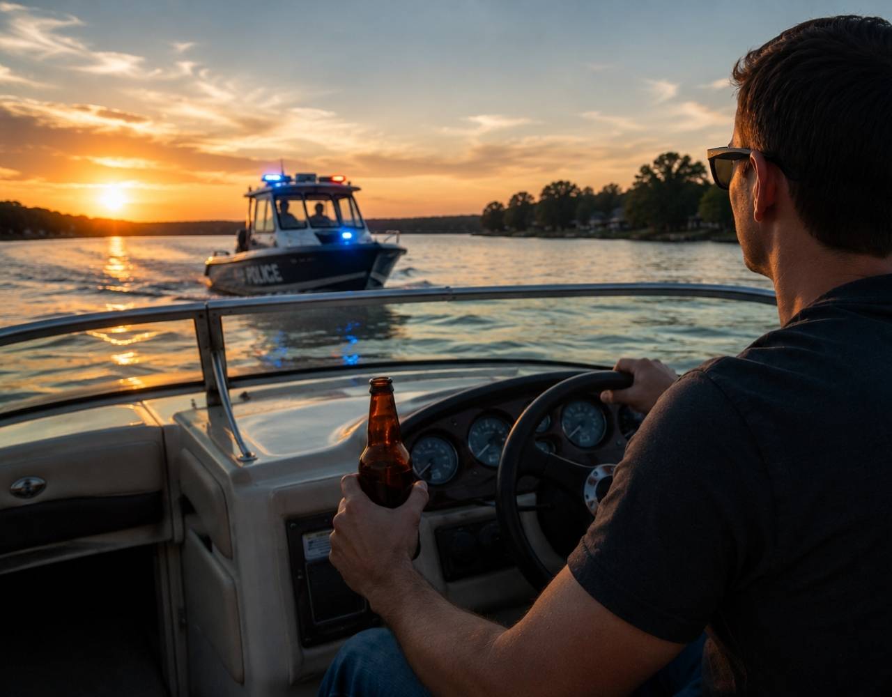 Man driving a boat with alcohol as a police boat approaches at sunset.
