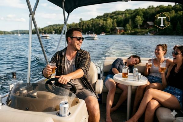 A driver drinks beer while operating a moving pontoon boat.
